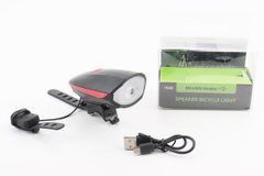 Фонарь передний 1 диод + звонок 5 мелодий, Li-ion 3.7V 1200mAh зарядка от USB, влагозащитный, черно-красный FY-058/7588