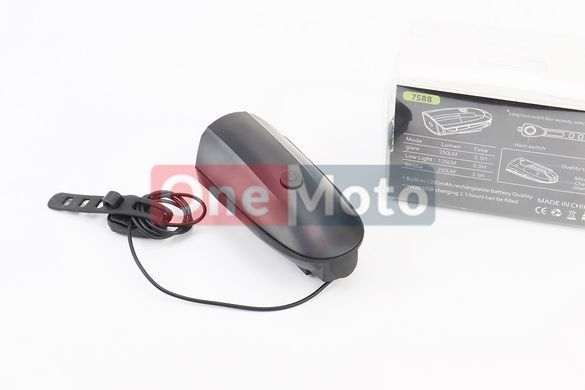 Фонарь передний 1 диод + звонок 5 мелодий, Li-ion 3.7V 1200mAh зарядка от USB, влагозащитный, черный FY-058