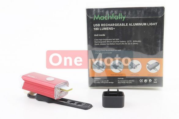 Ліхтар передній 1 діод 180 lumen алюмінієвий, Li-ion 3.7V 800mAh зарядка від USB, вологозахисний, червоний MC-QD001 (не допускати повного розряду)