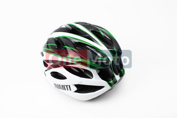 Шлем велосипедный M (54-57 см) съемный козырек, 18 вент. отверстия, системы регулировки по размеру Divider и Run System SRS, черно-бело-зеленый AV-01