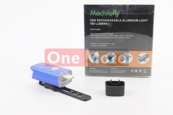 Ліхтар передній 1 діод 180 lumen алюмінієвий, Li-ion 3.7V 800mAh зарядка від USB, вологозахисний, синій MC-QD001 (не допускати повного розряду)