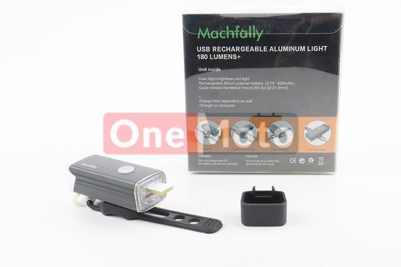 Фонарь передний 1 диод 180 lumen алюминиевый, Li-ion 3.7V 800mAh зарядка от USB, влагозащитный, черный MC-QD001