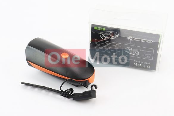 Фонарь передний 1 диод+звонок 4 мелодии, Li-ion 3.7V 1200mAh зарядка от USB, влагозащитный, чёрно-оранжевый FY-058