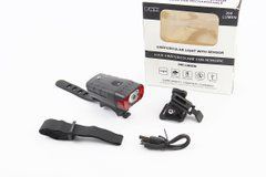 Фонарь передний 1 диод 200 lumen, Li-ion 3.7V 800mAh зарядка от USB, ДАТЧИК СВЕТА, влагозащитный, чёрный PNK