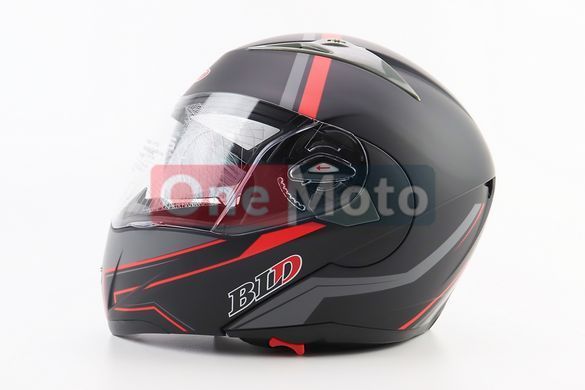 Шлем модуляр, закрытый с откидным подбородком+откидные очки BLD-158 L (59-60см), ЧЁРНЫЙ матовый с красно-серым рисунком