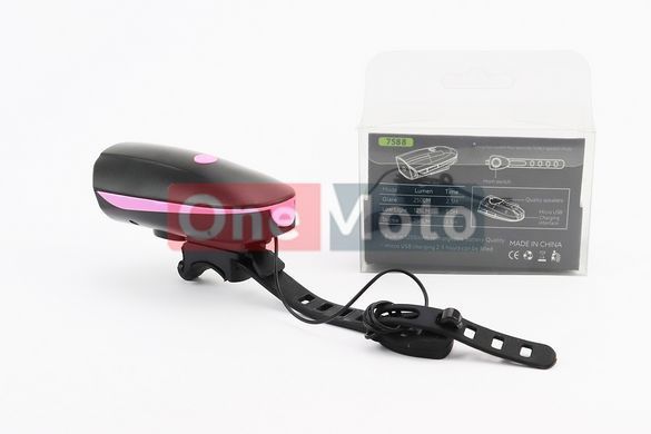 Фонарь передний 1 диод+звонок 4 мелодии, Li-ion 3.7V 1200mAh зарядка от USB, влагозащитный, чёрно-розовый FY-058/7588