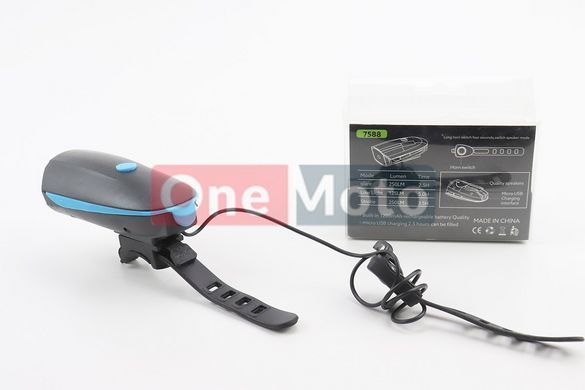 Фонарь передний 1 диод + звонок 5 мелодий, Li-ion 3.7V 1200mAh зарядка от USB, влагозащитный, черно-синий FY-058/7588